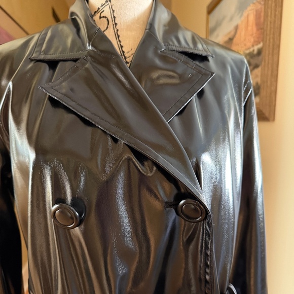 Anne Klein Black Rain Coat Slicker Trench Coat Style Size Medium - Picture 3 of 15